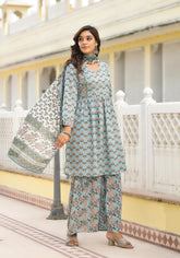 Grey Floral Printed Cotton Kurta Sharara And Dupatta Set With Sequins-P1182GREY